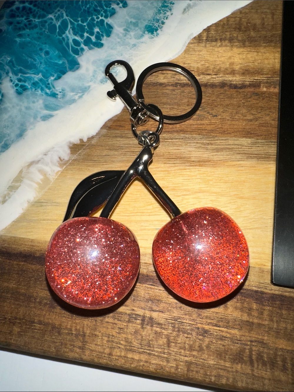 Glitter cherry key and card holder charm in pink.